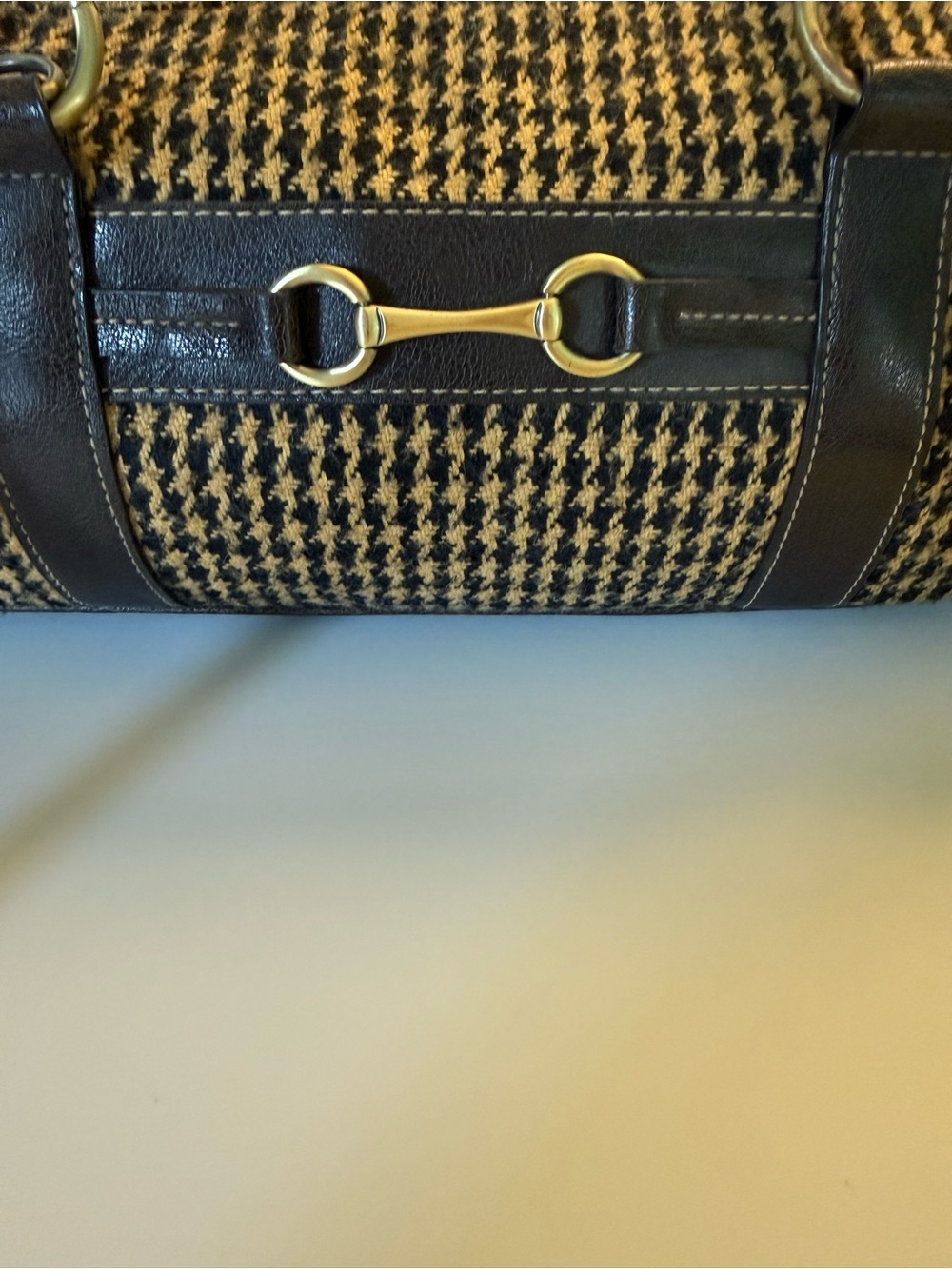 Vintage Houndstooth Hobo Satchel in Brown and Tan with Brass Accents - Picture 3 of 16